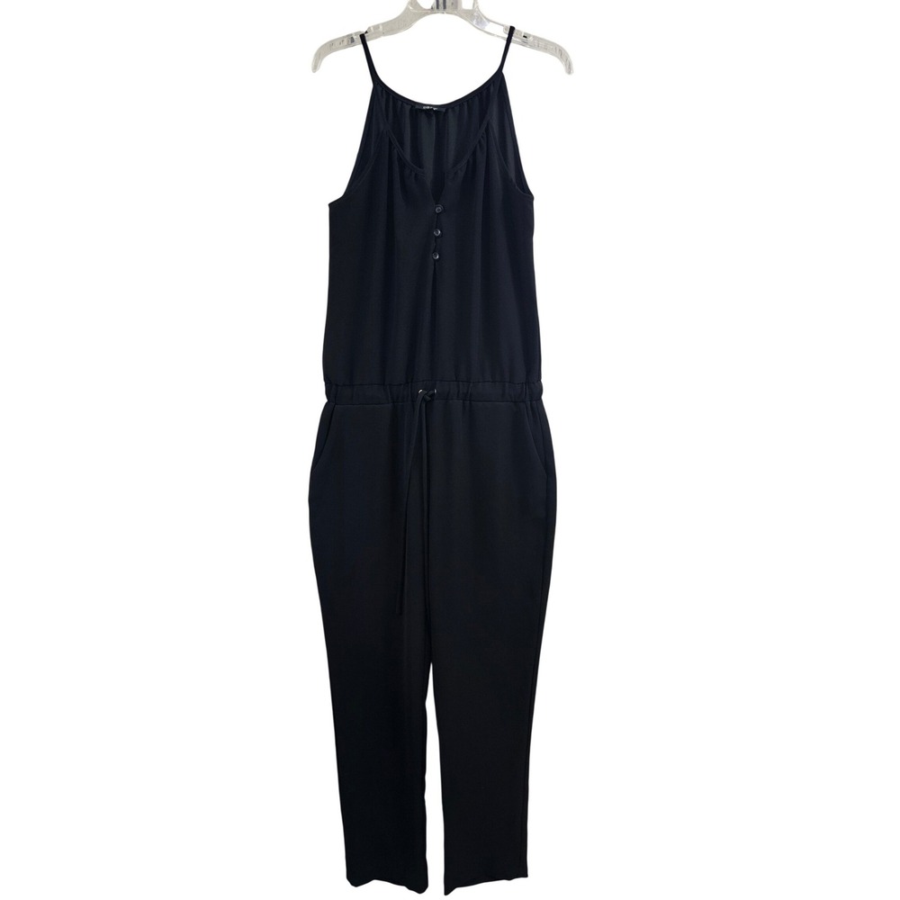 Drew Jumpsuit Womens Medium Black Solid Sleeveless Drawstring Waist Pockets euc